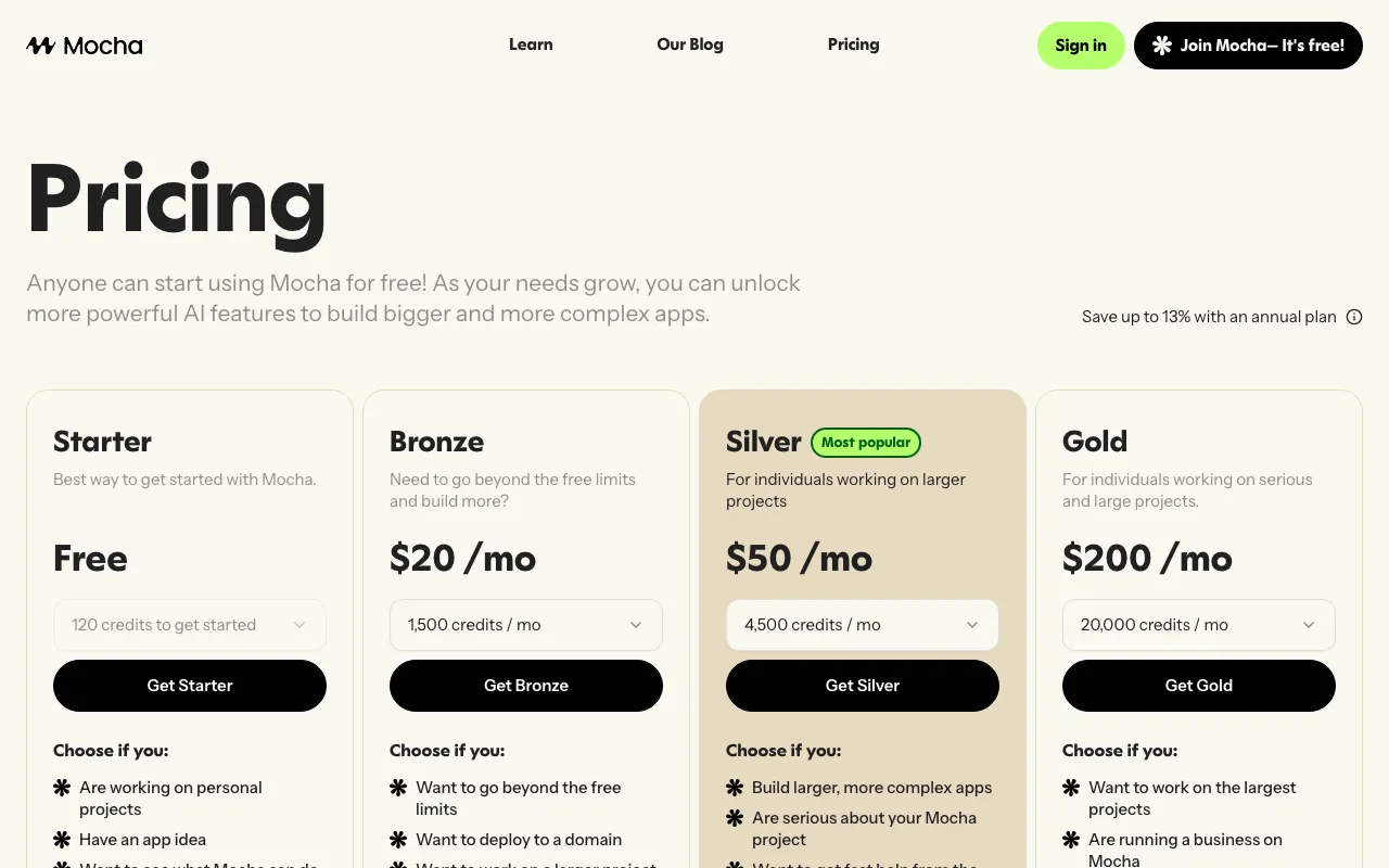 Mocha — pricing page