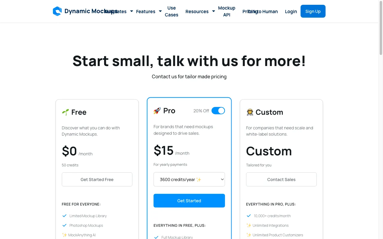 Dynamic Mockups — pricing page