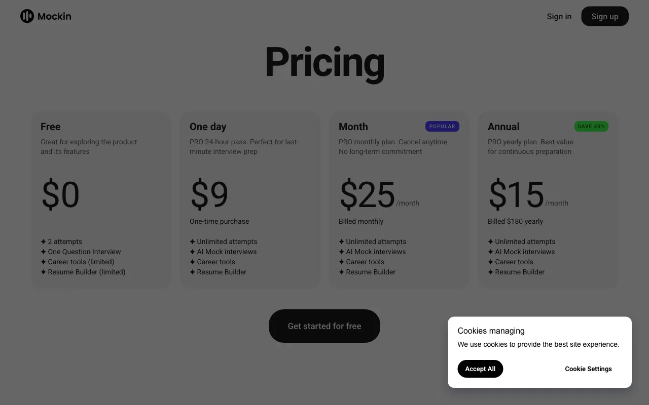 Mockin — pricing page
