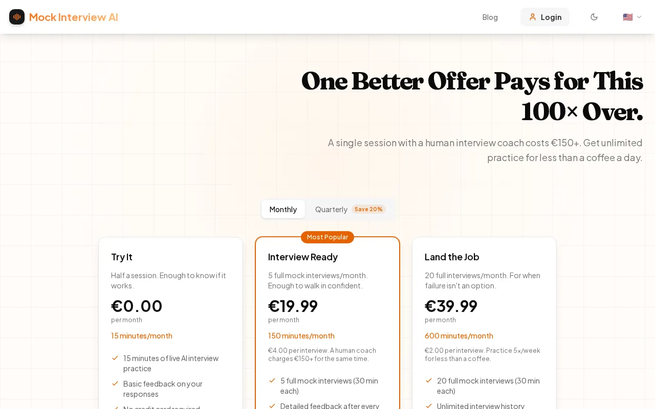 MockInterviewAI — pricing page