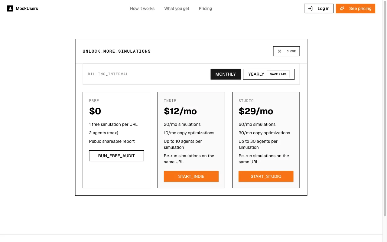 MockUsers — pricing page