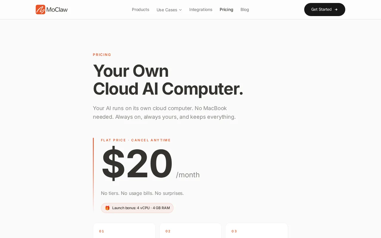 MoClaw AI — pricing page
