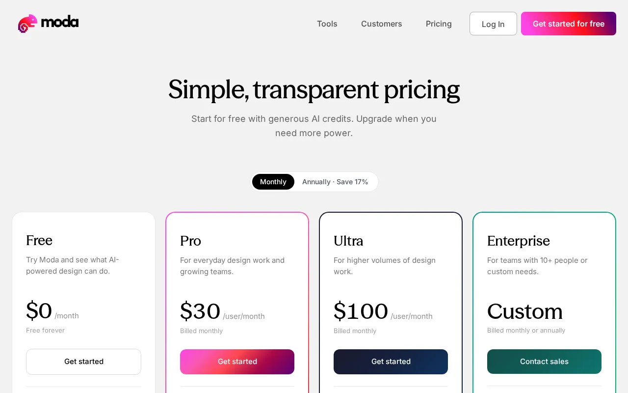 moda.app — pricing page