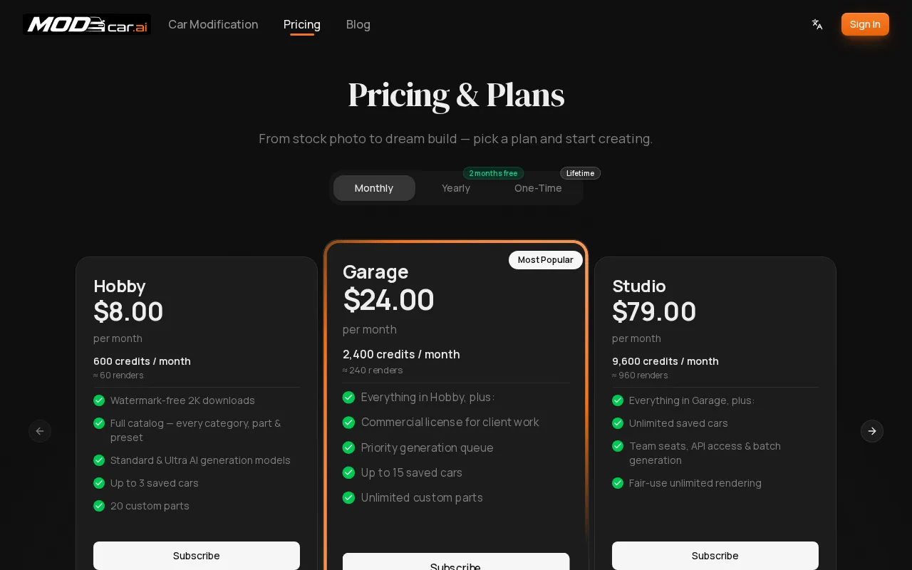MODCAR.ai — pricing page