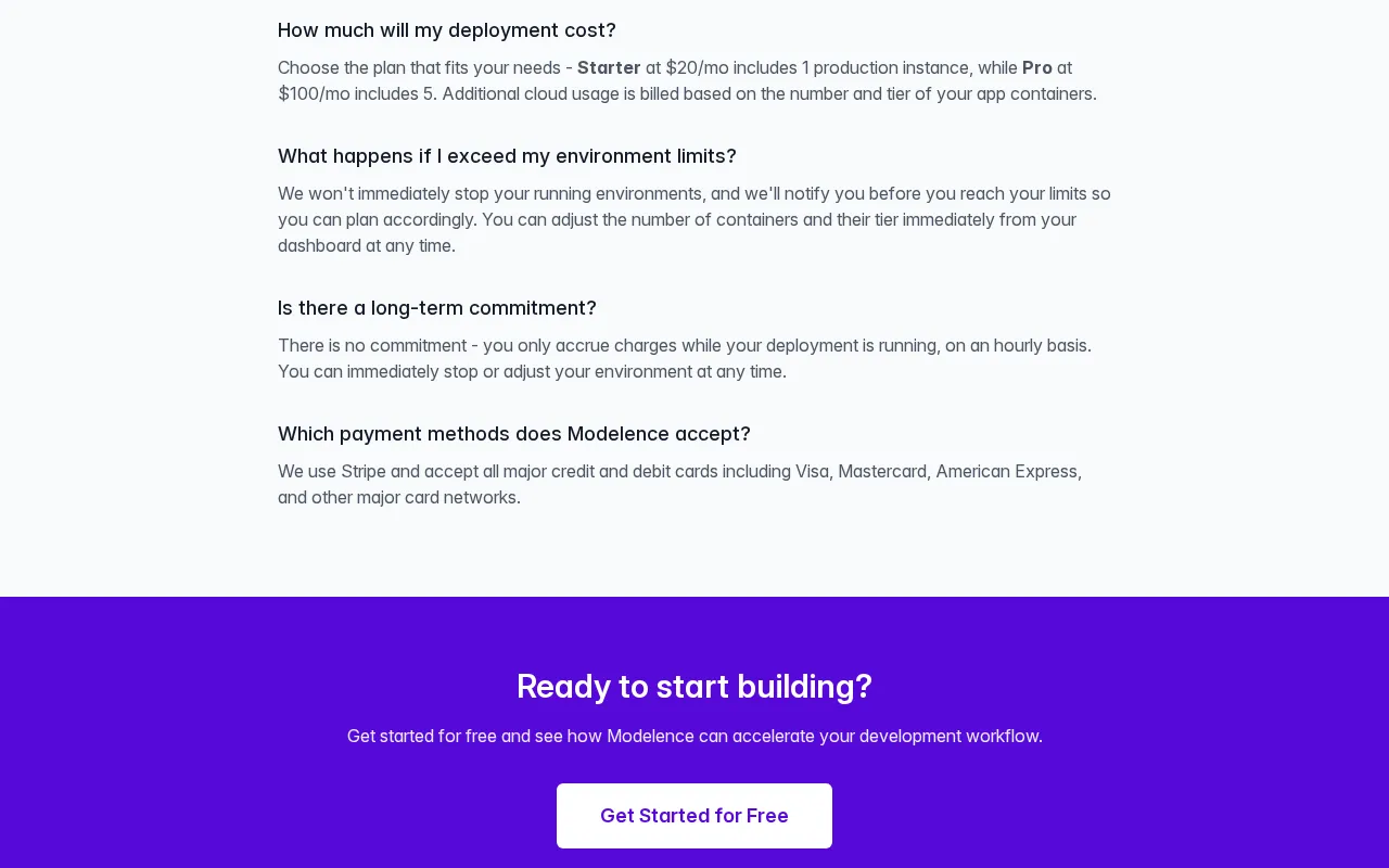 Modelence App Builder — pricing page