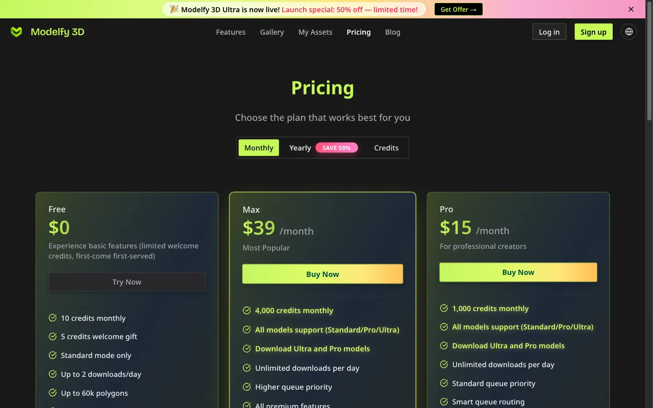 Modelfy 3D — pricing page