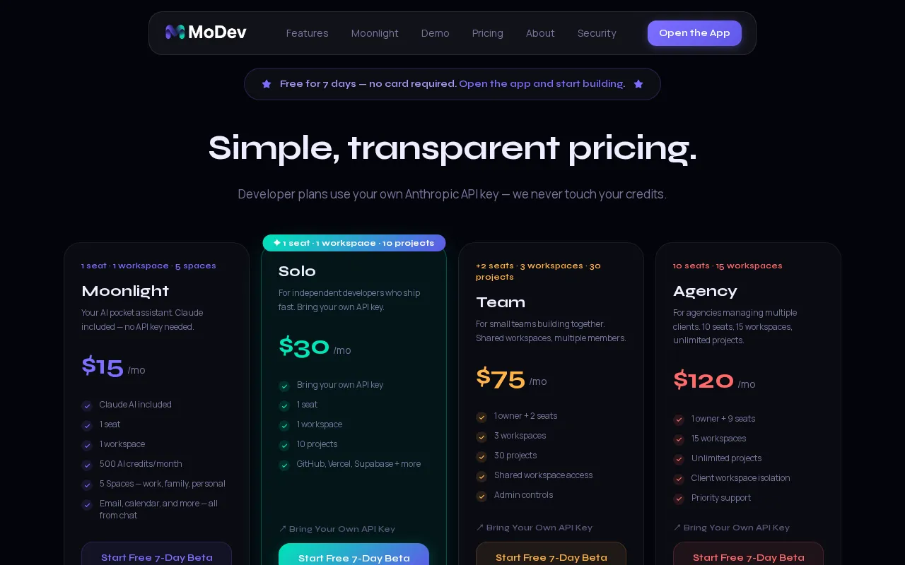 MoDev — pricing page
