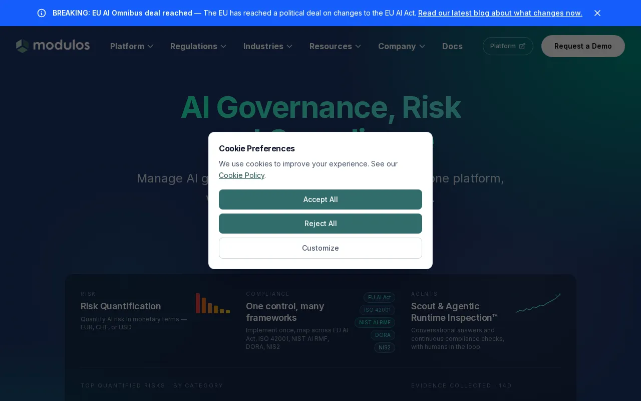 Modulos Agentic AI Governance Platform — preview screenshot