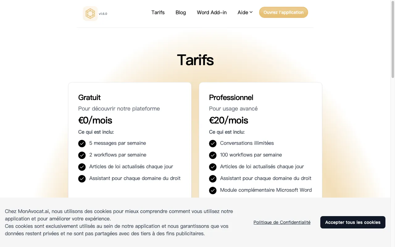 Mon Avocat AI - Avocat en ligne — pricing page