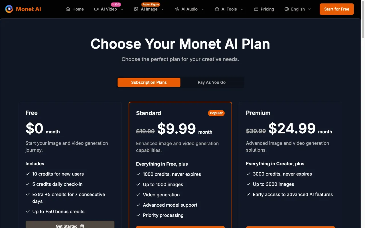 Monet AI — pricing page