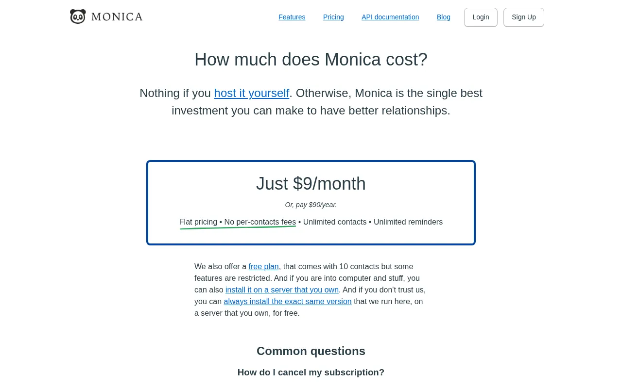 Monicahq — pricing page