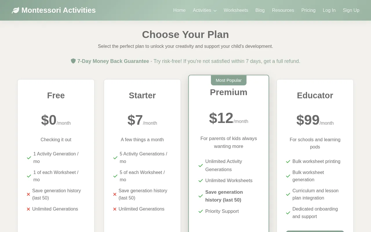 Montessori Activities at Home — pricing page