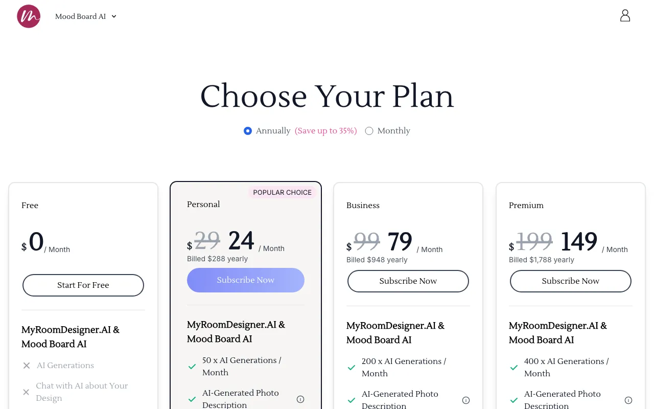 Mood Board AI — pricing page