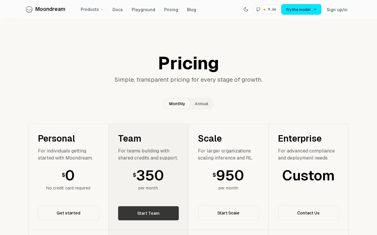 Moondream — pricing page