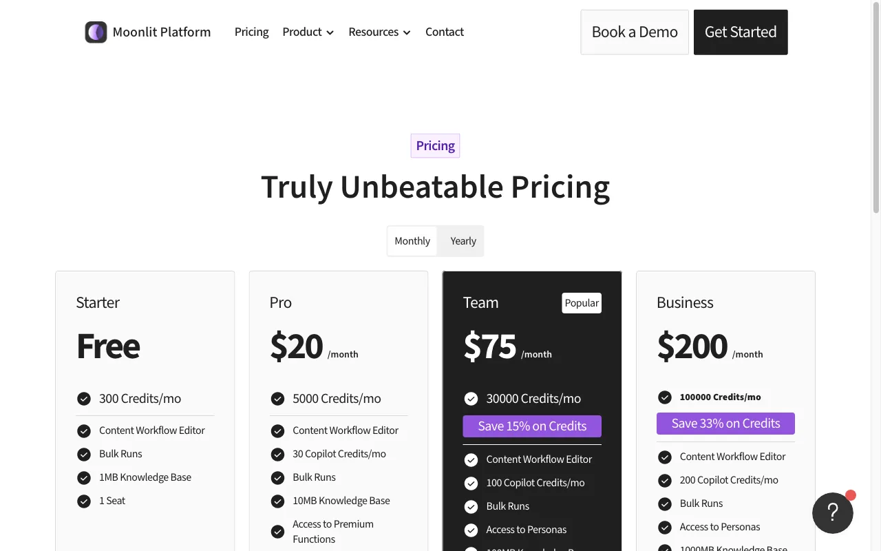 Moonlit Platform — pricing page