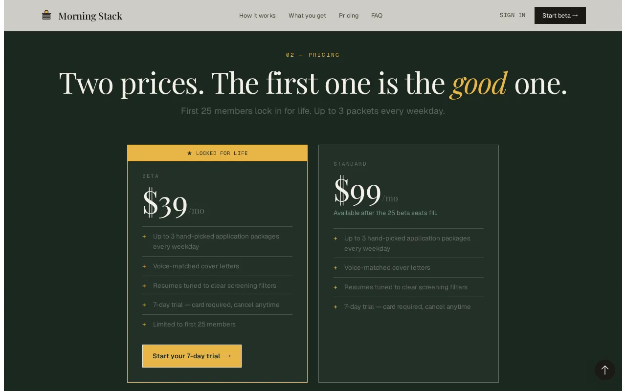 Morning Stack — pricing page