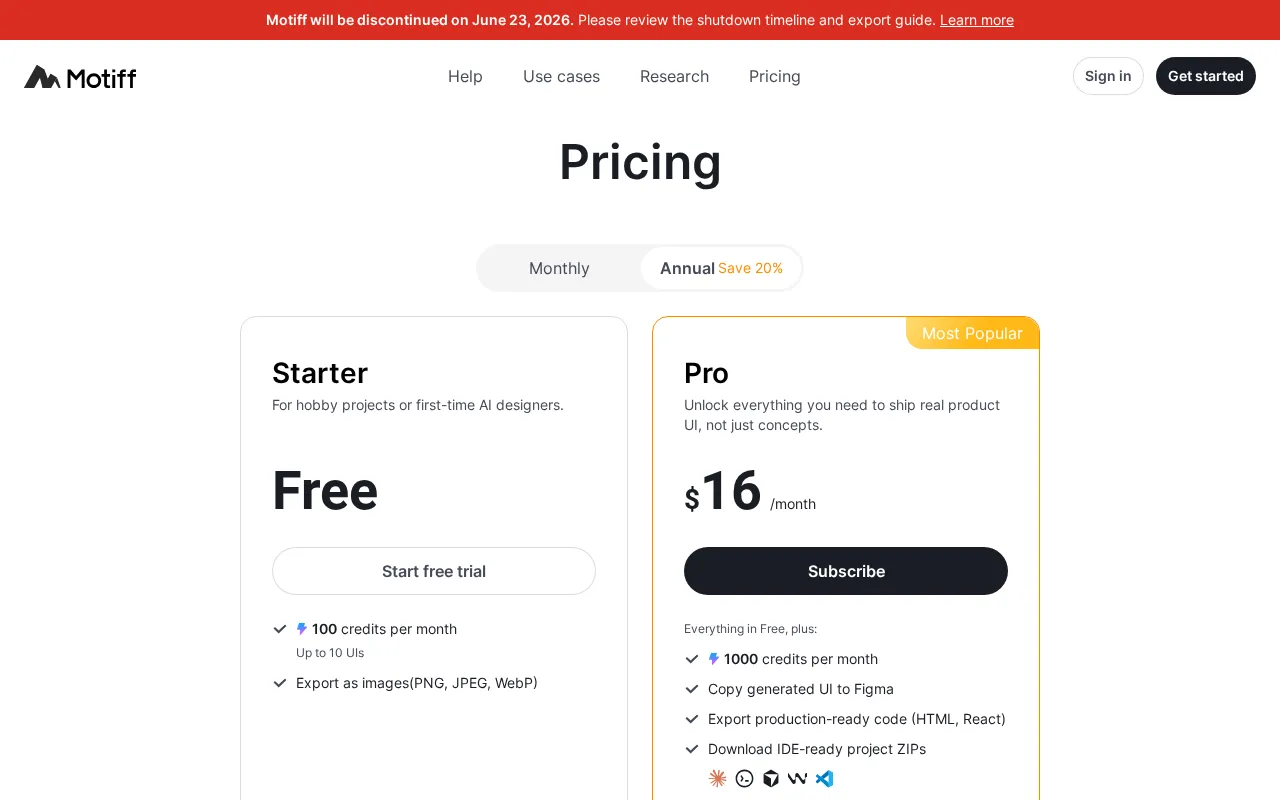 Motiff — pricing page