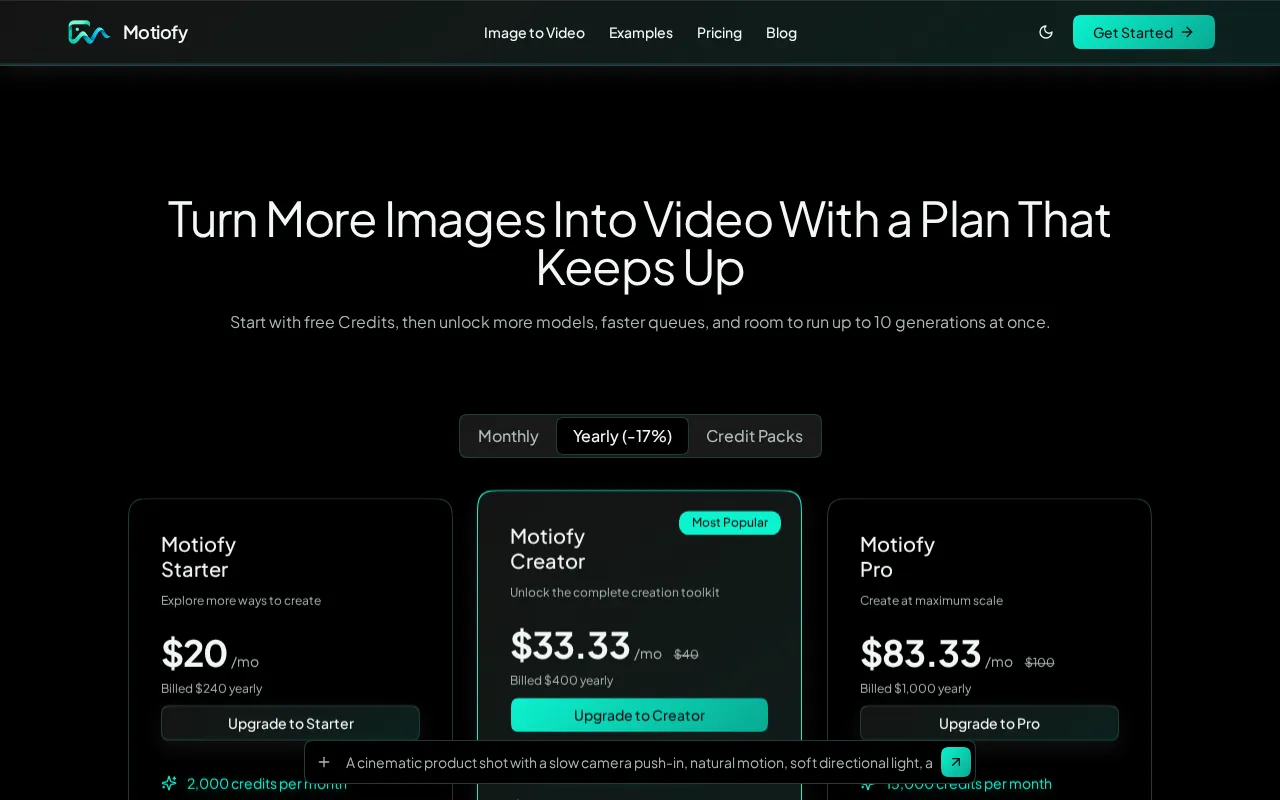 Motiofy — pricing page