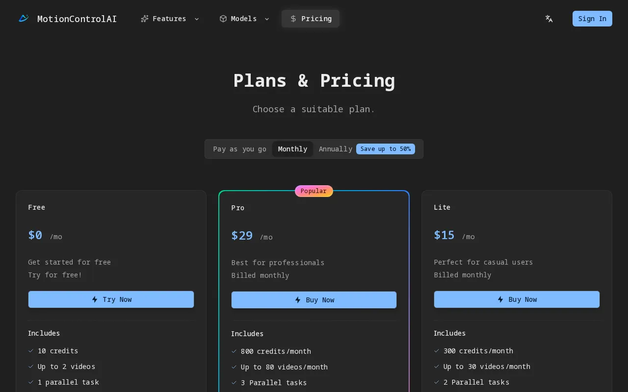 Motion Control — pricing page