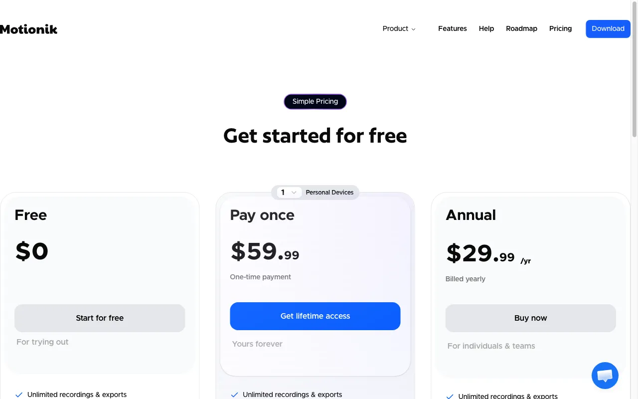 Motionik — pricing page