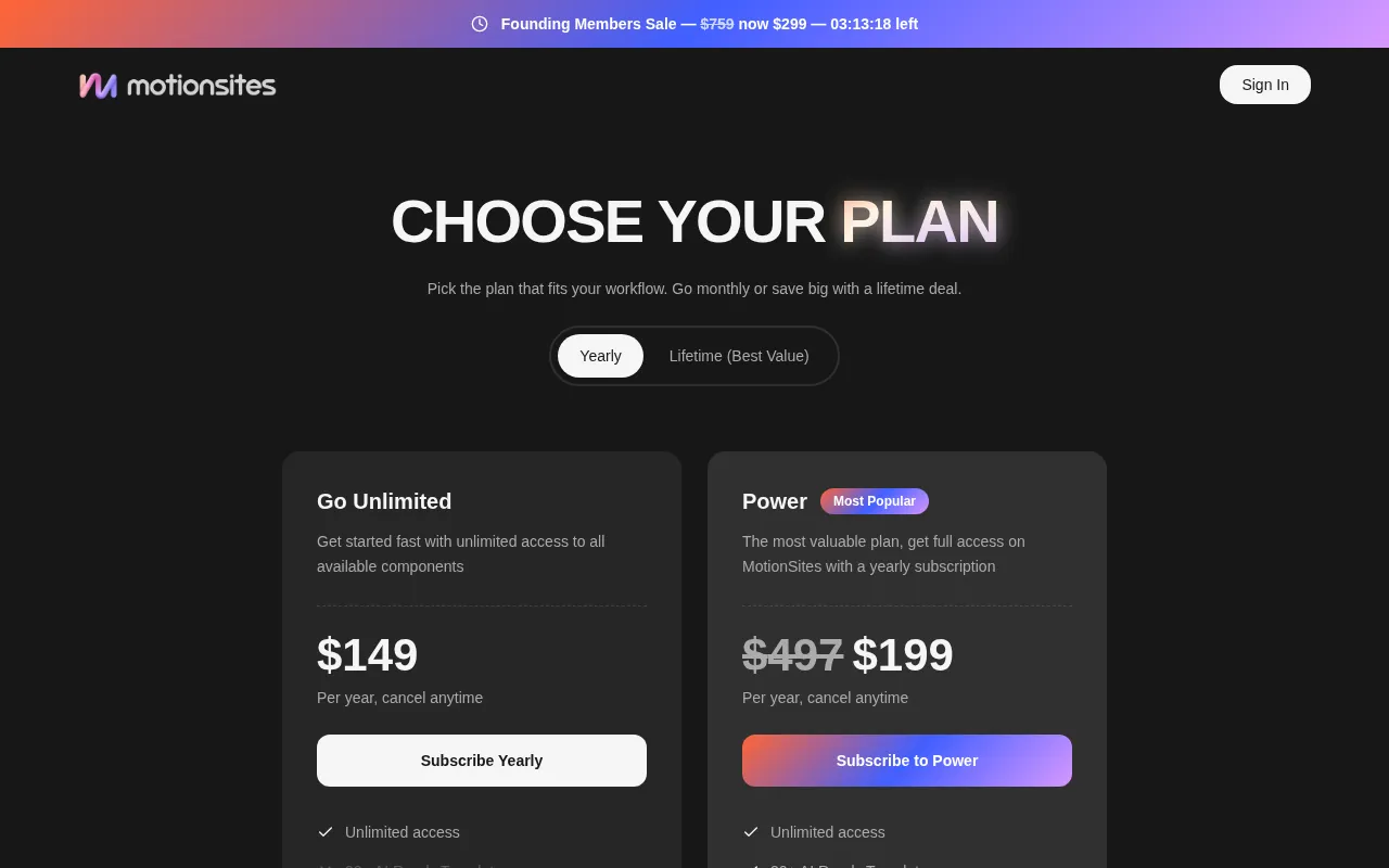MotionSites — pricing page