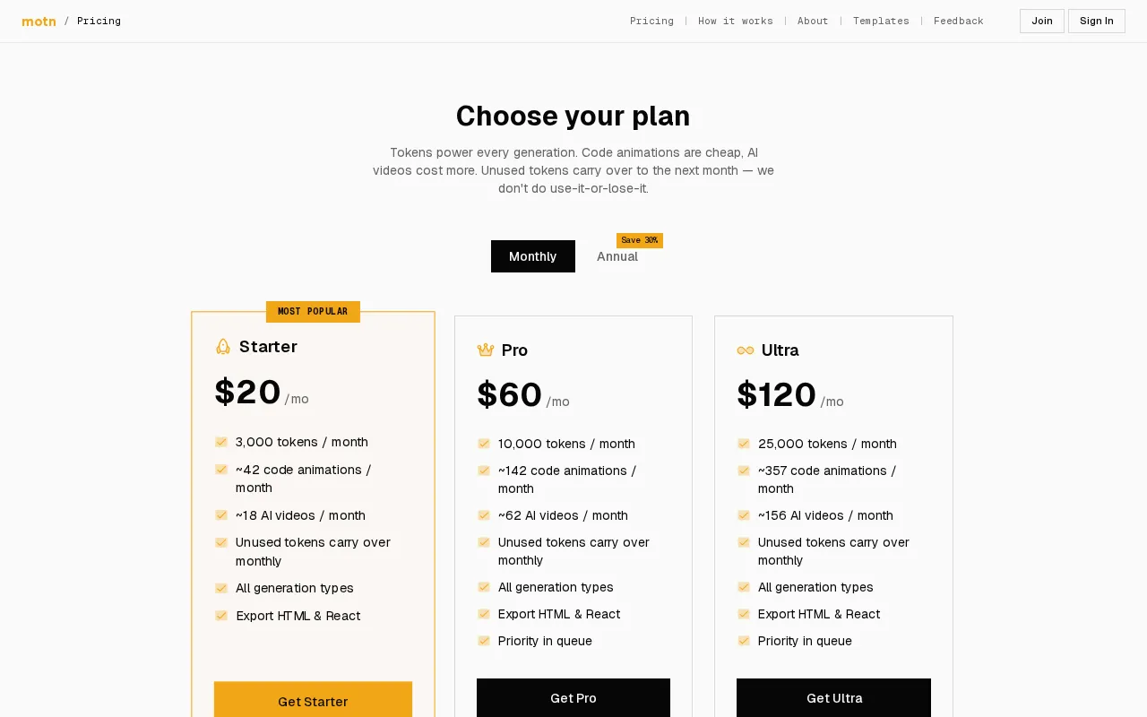 Motn AI — pricing page