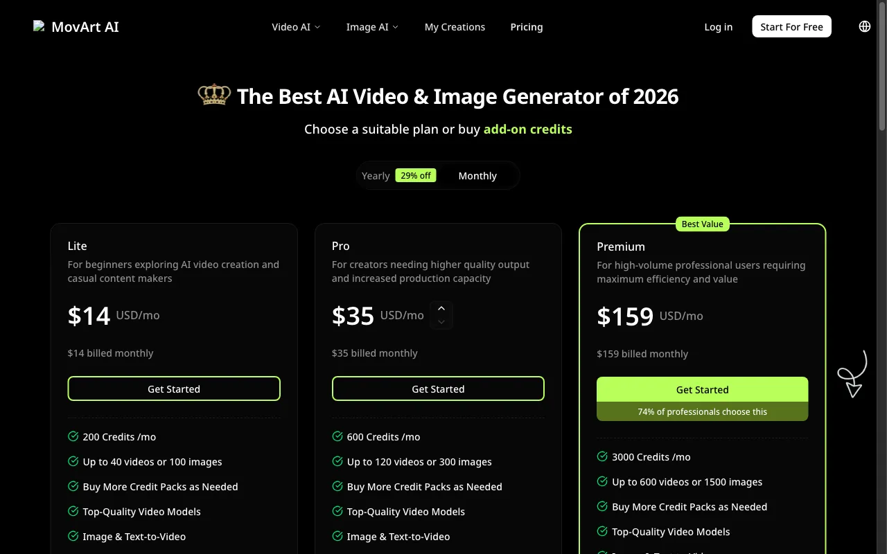 Movart AI — pricing page