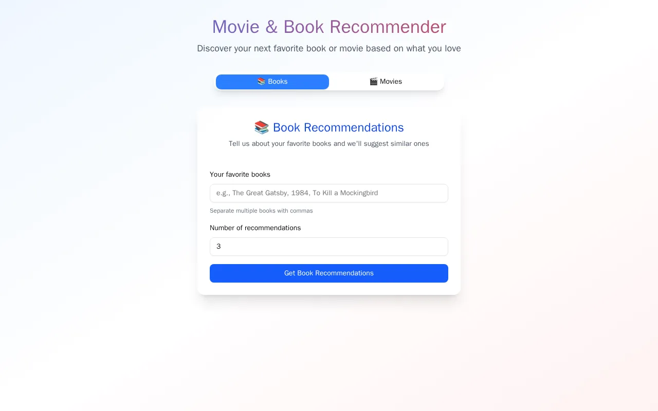 Movie &amp; Book Recommender — preview screenshot
