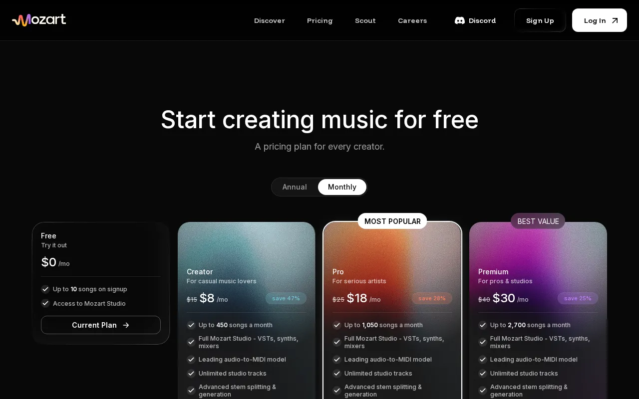 Mozart AI — pricing page