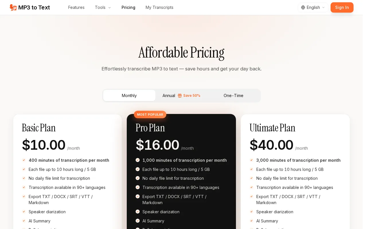 MP3 to Text — pricing page