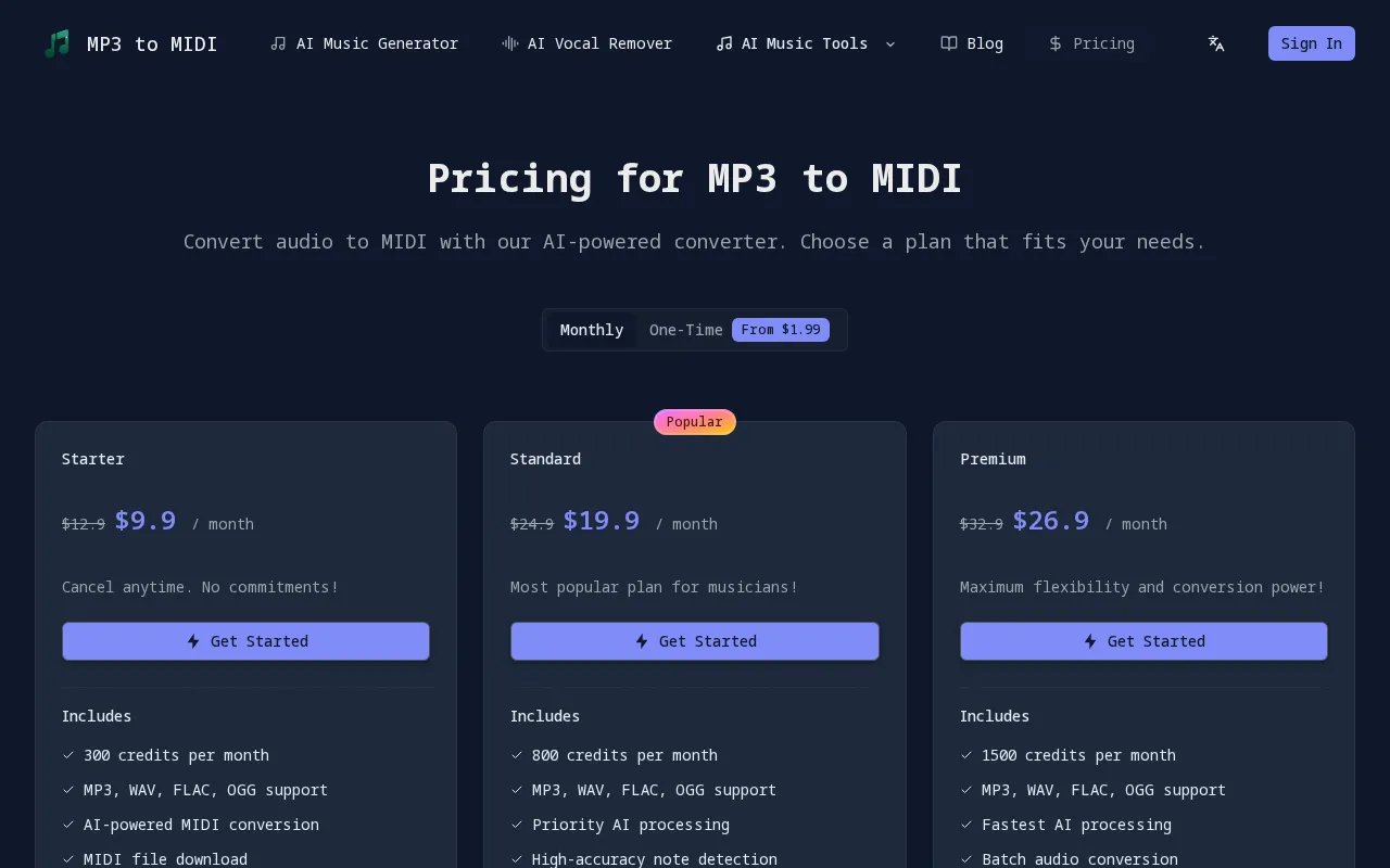 Mp3ToMidi — pricing page