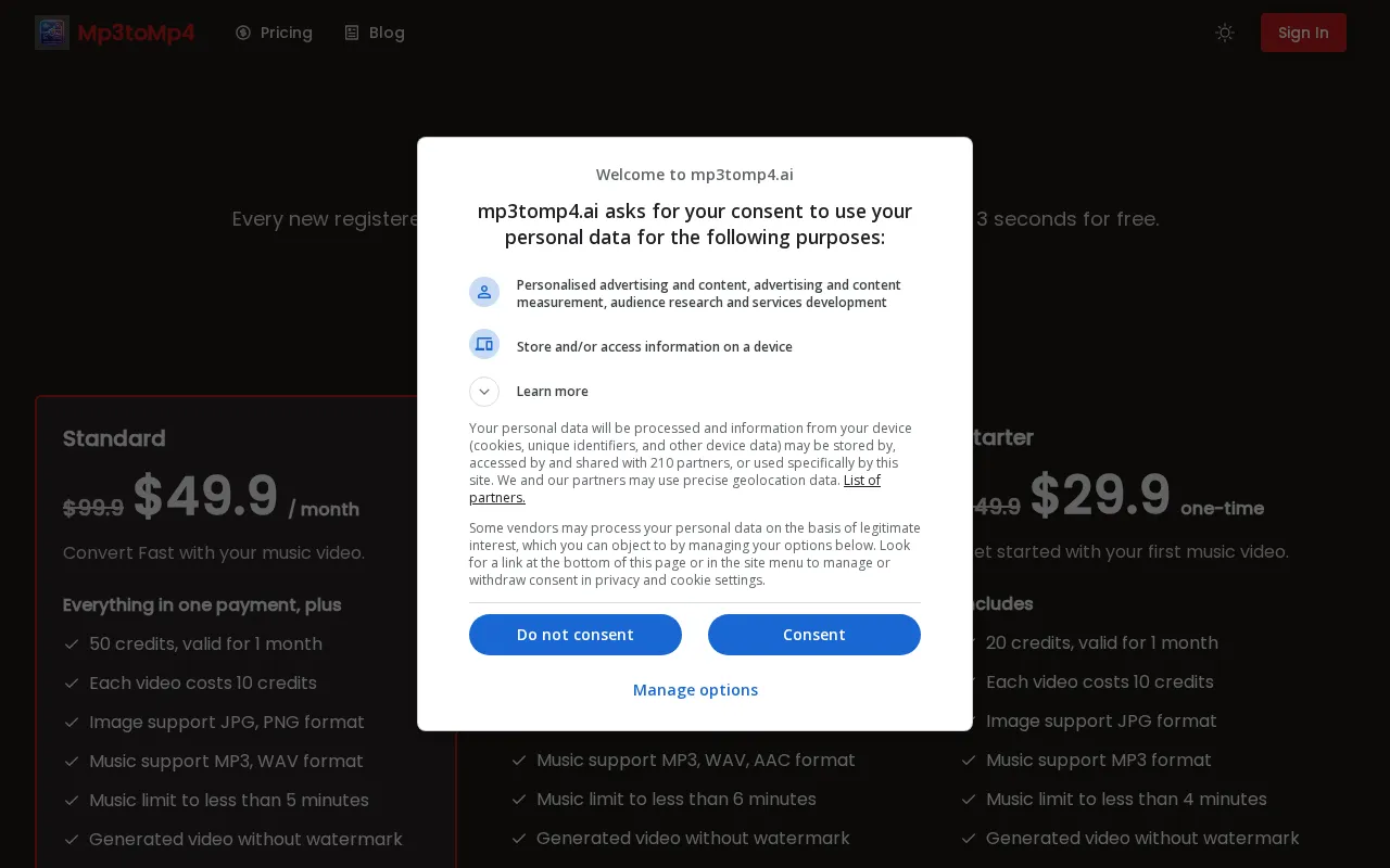 Mp3toMp4 — pricing page