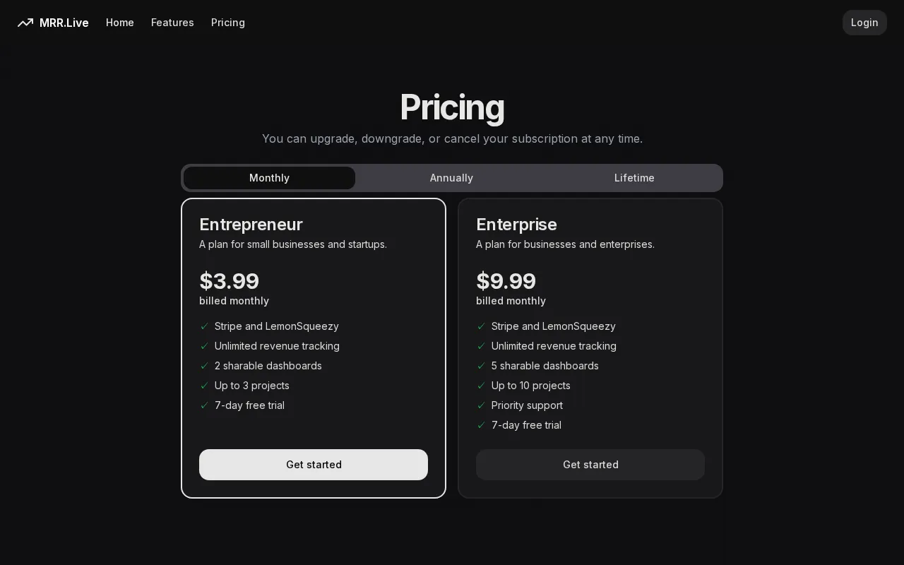 MRR.Live — pricing page