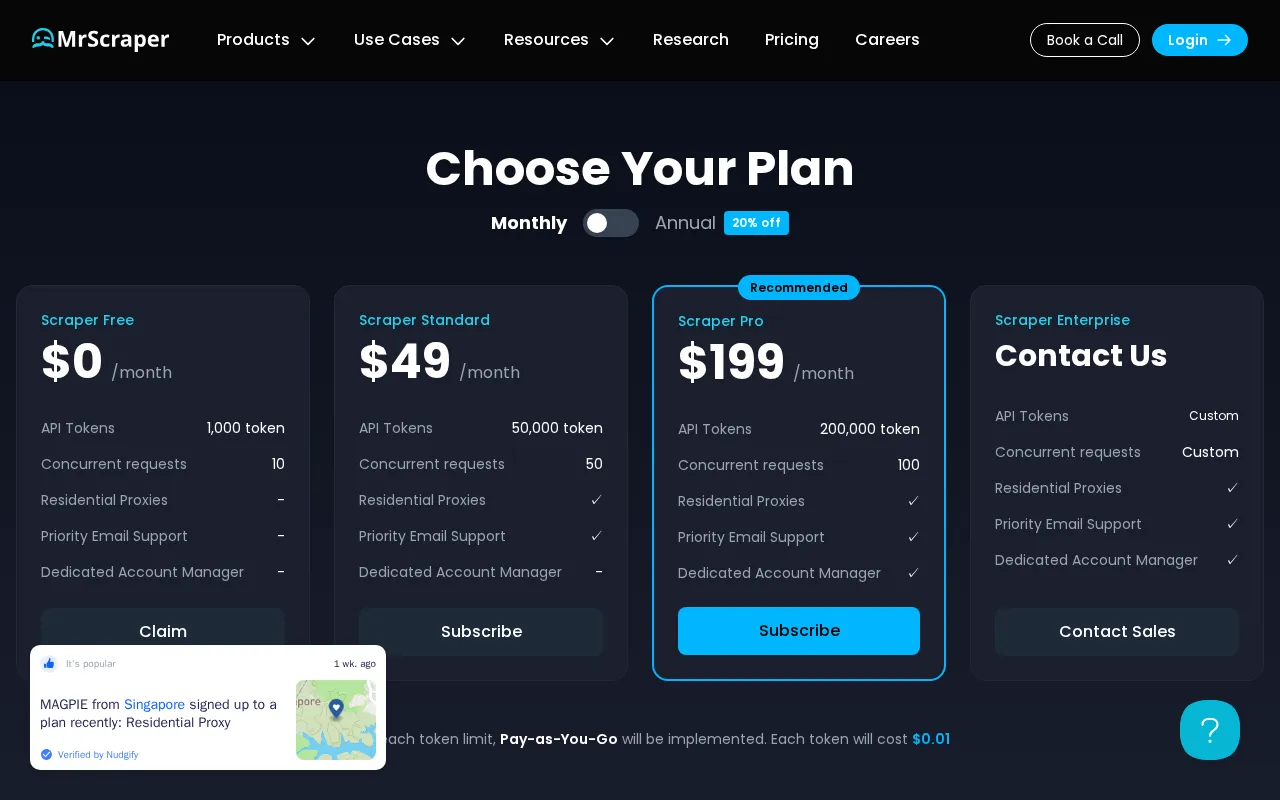 Mrscraper — pricing page