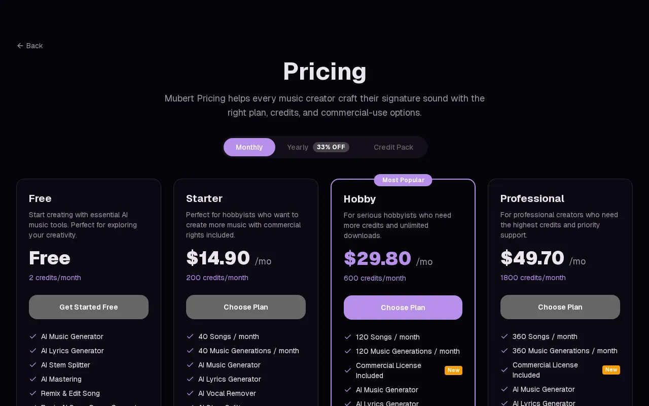 Mubert AI Music Generator — pricing page
