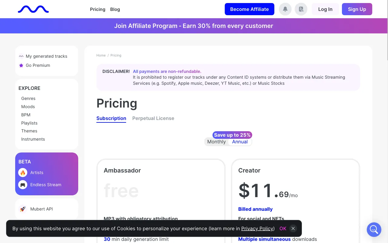 Mubert — pricing page