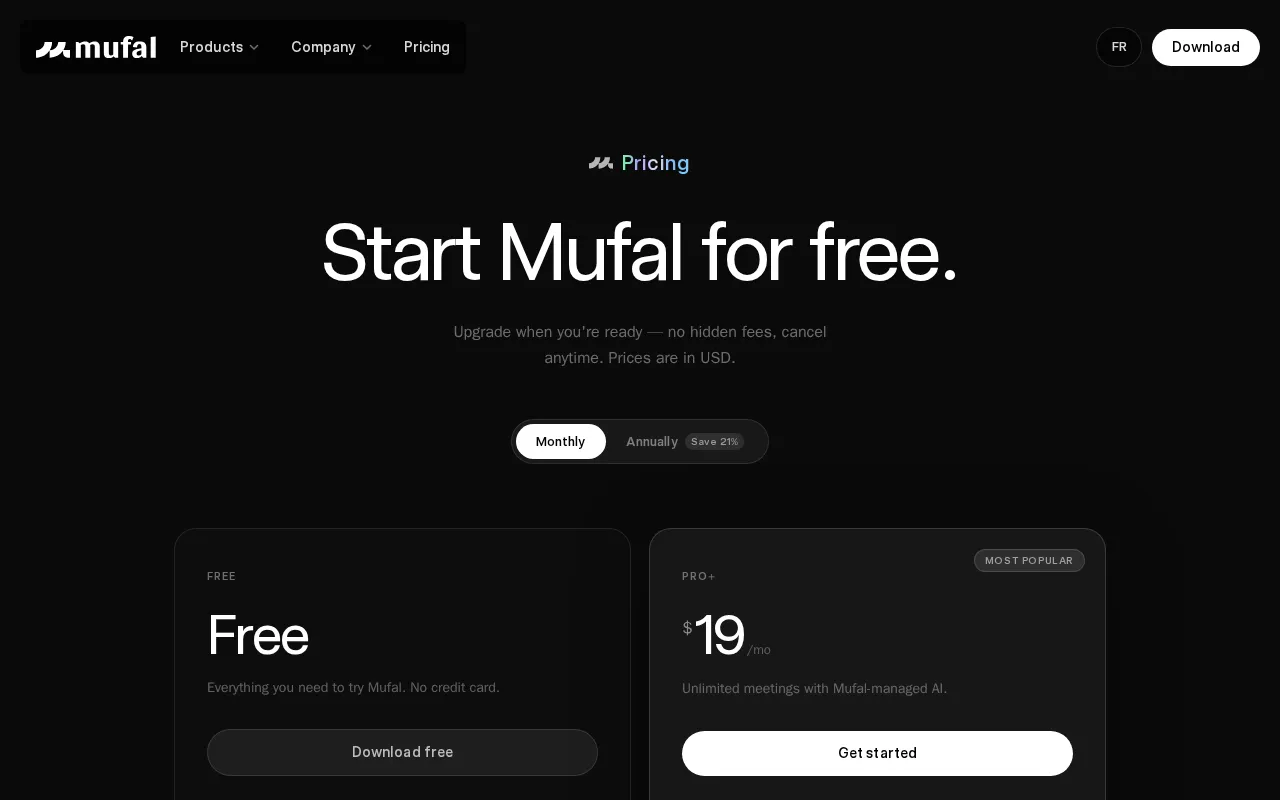 Mufal — pricing page