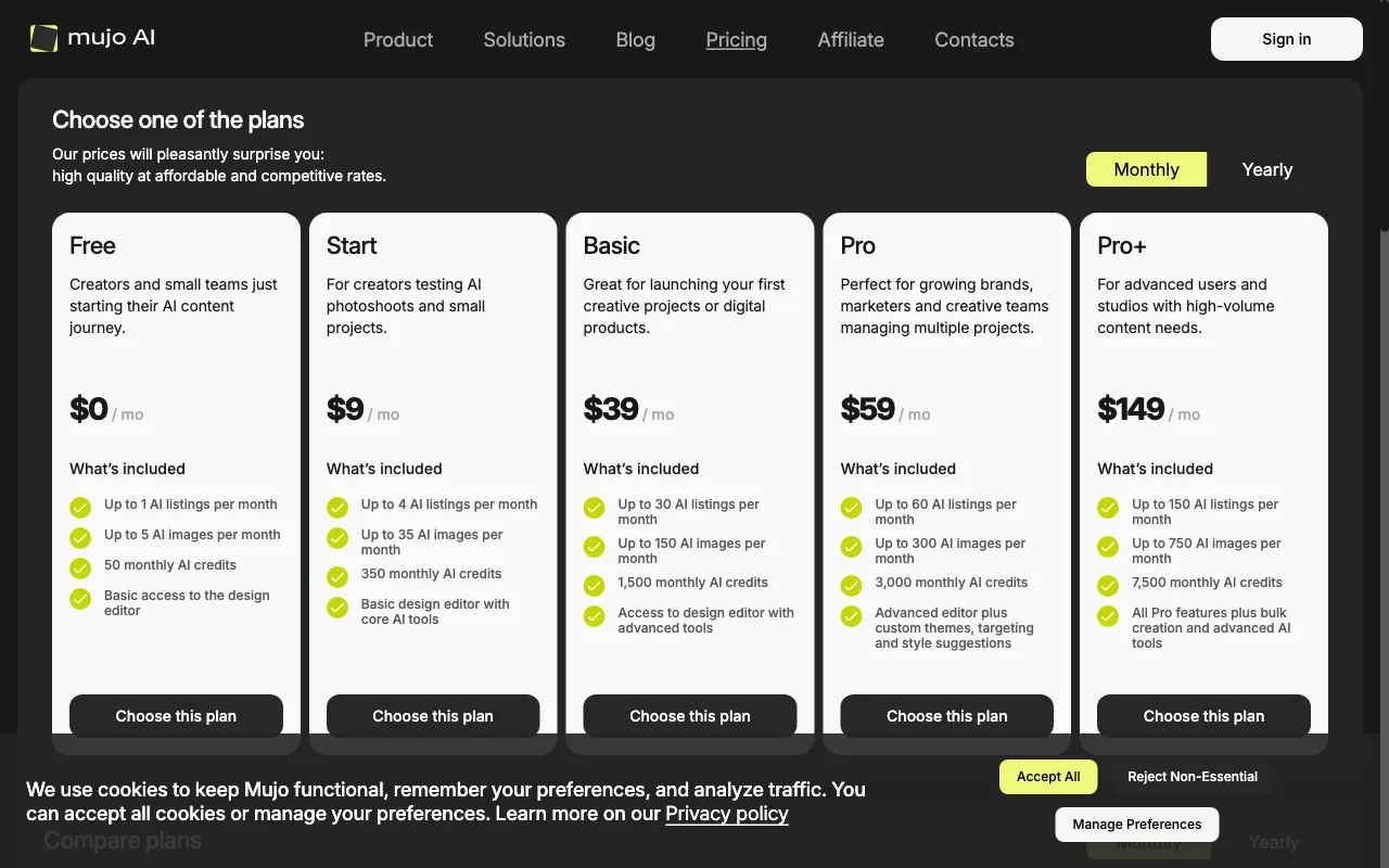 Mujo AI — pricing page
