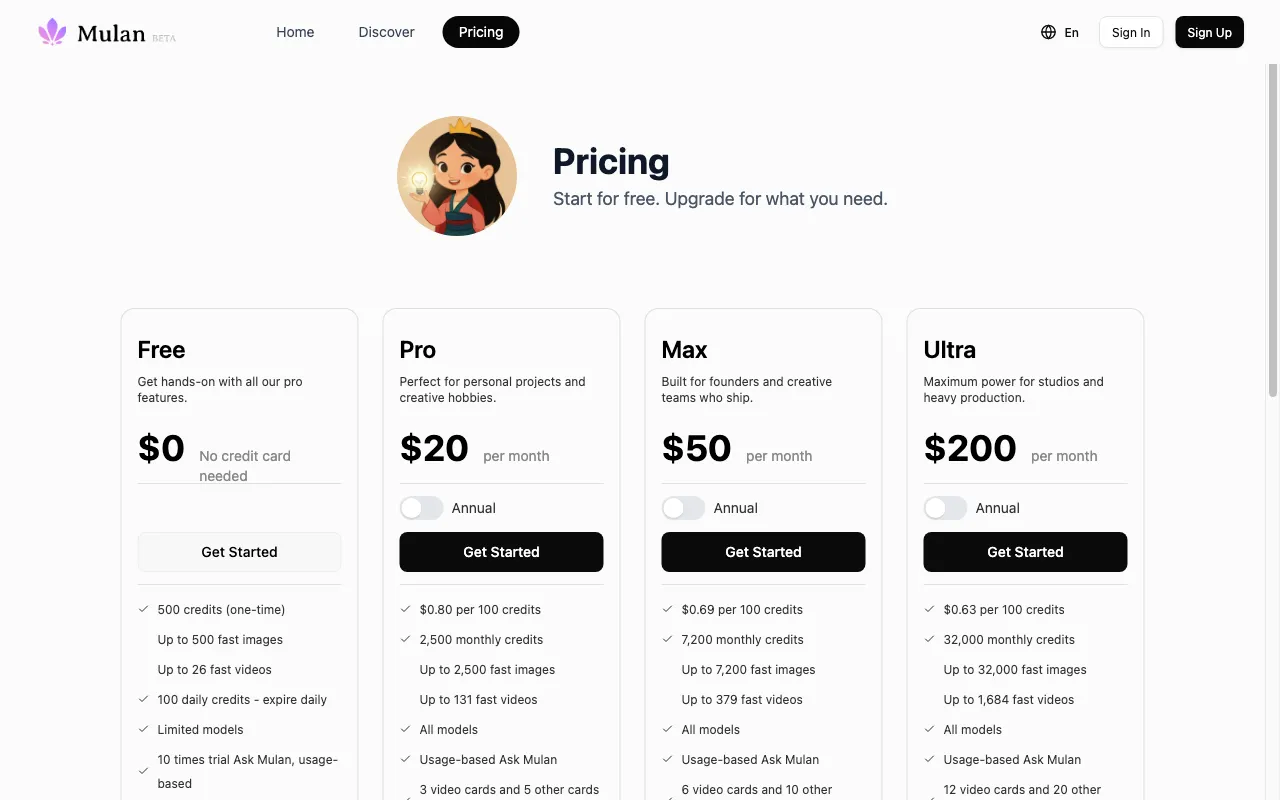 Mulan — pricing page