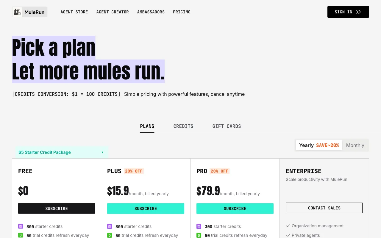 MuleRun — pricing page