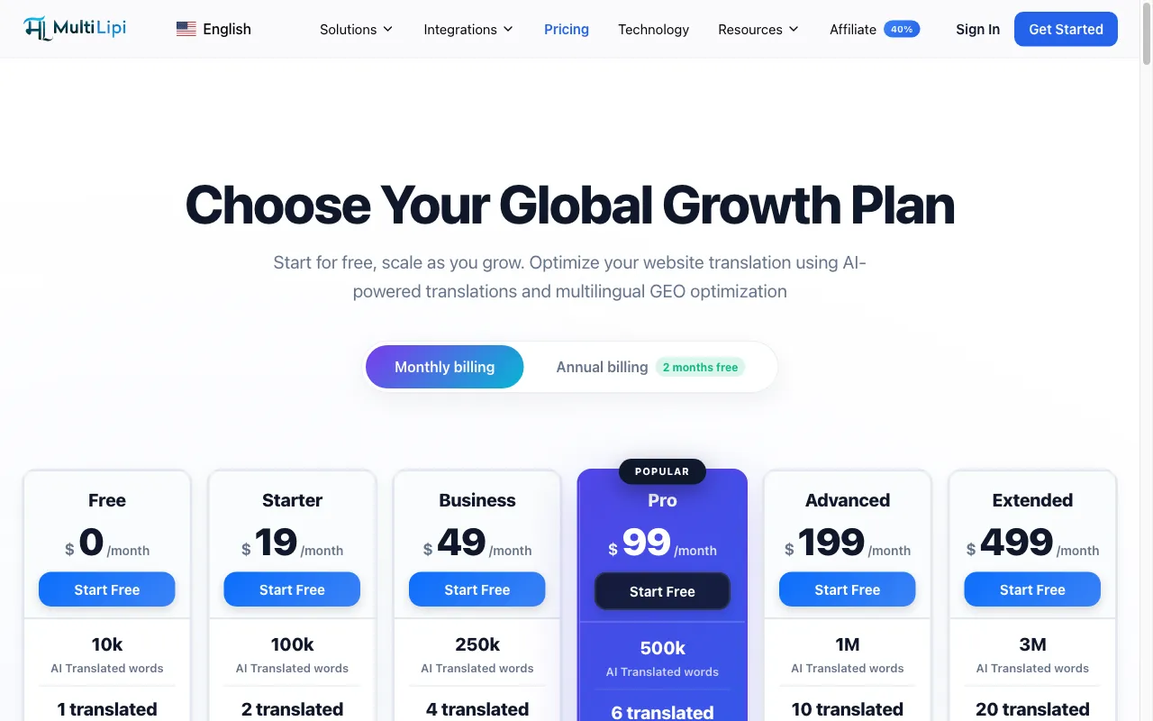 MultiLipi — pricing page
