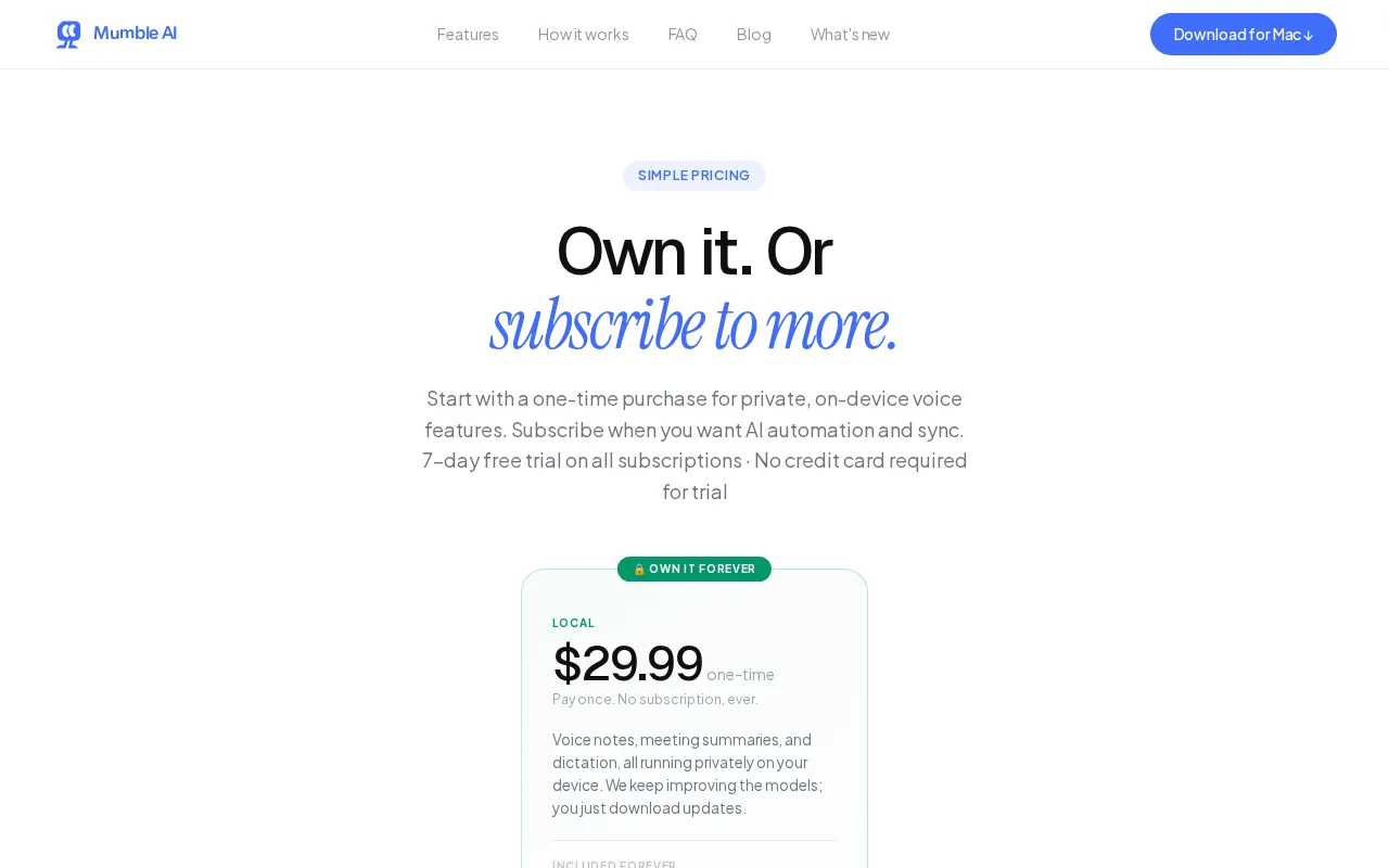 Mumble AI — pricing page