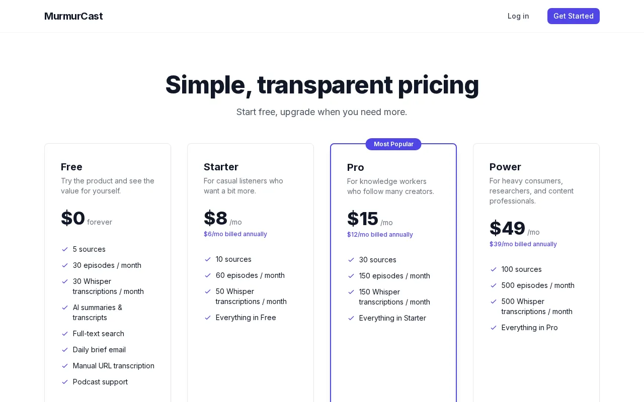 MurmurCast — pricing page