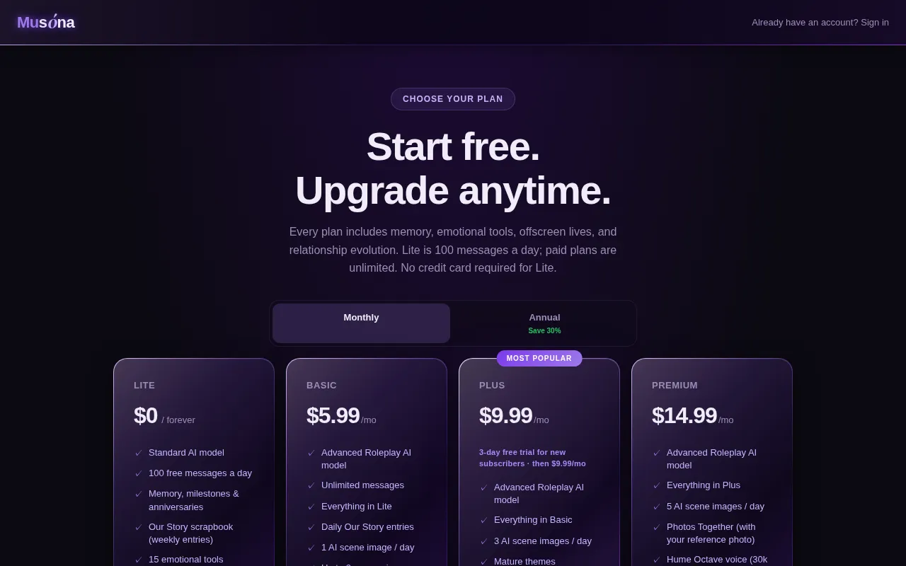 Musóna — pricing page