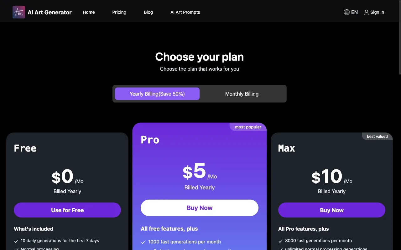 aiartgenerator.cc — pricing page