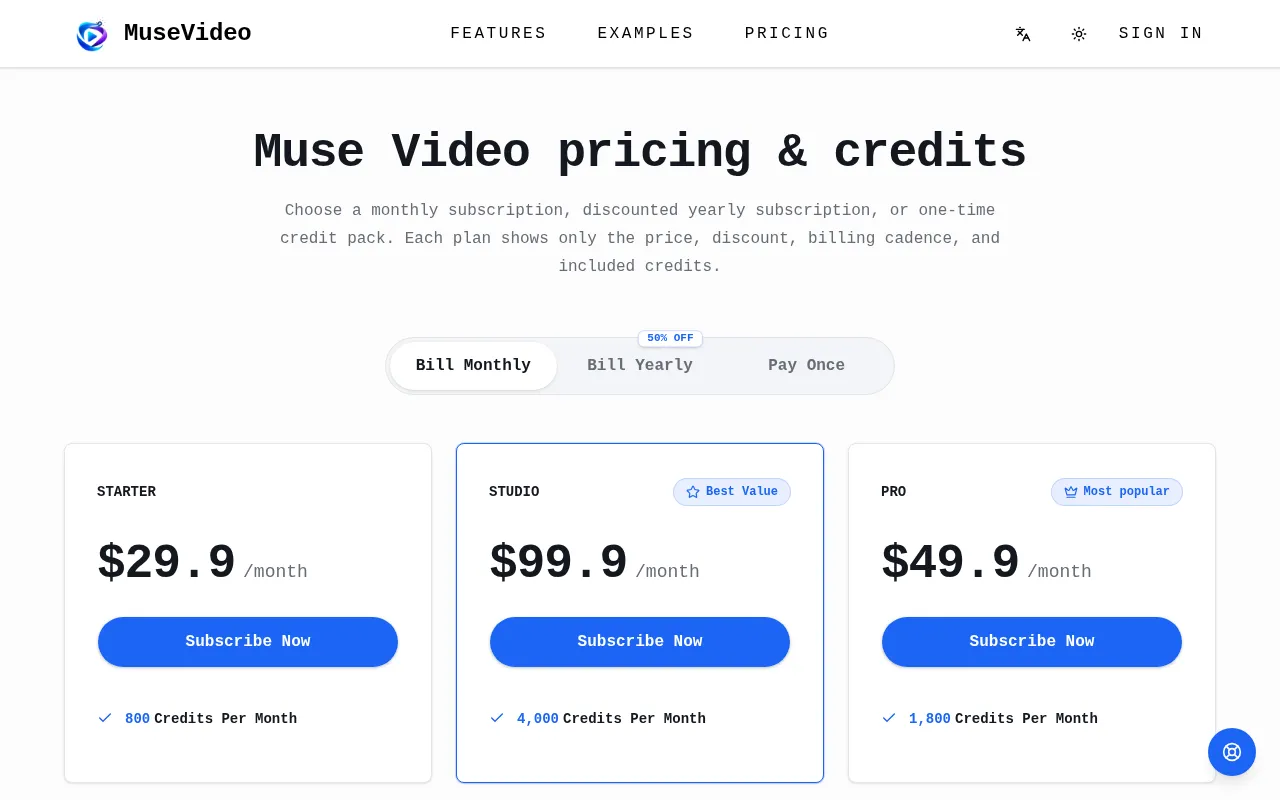 Muse Video — pricing page