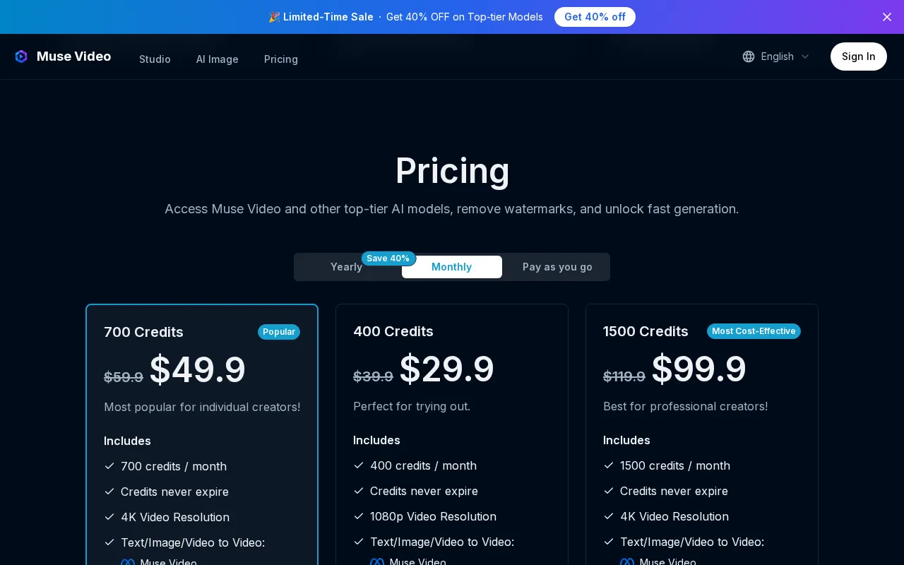 Muse Video AI — pricing page