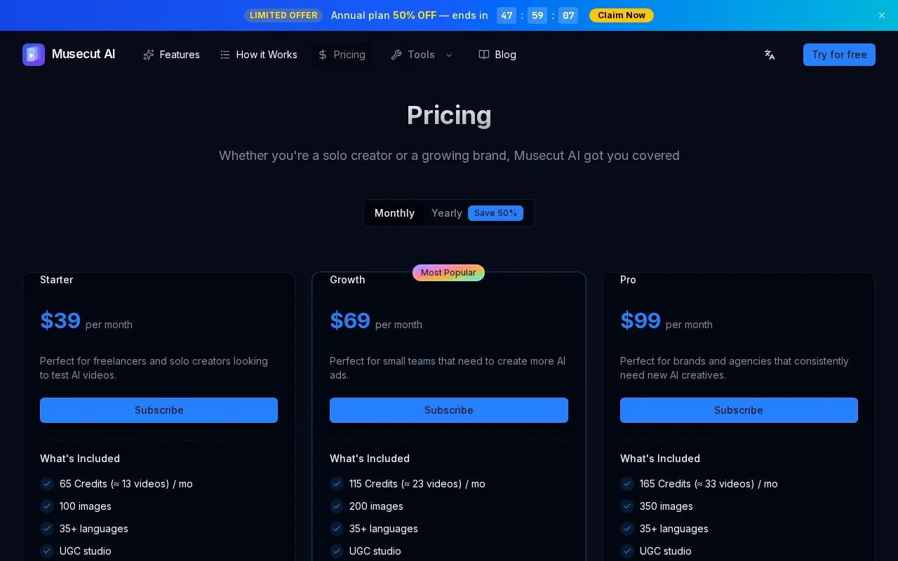 Musecut AI — pricing page
