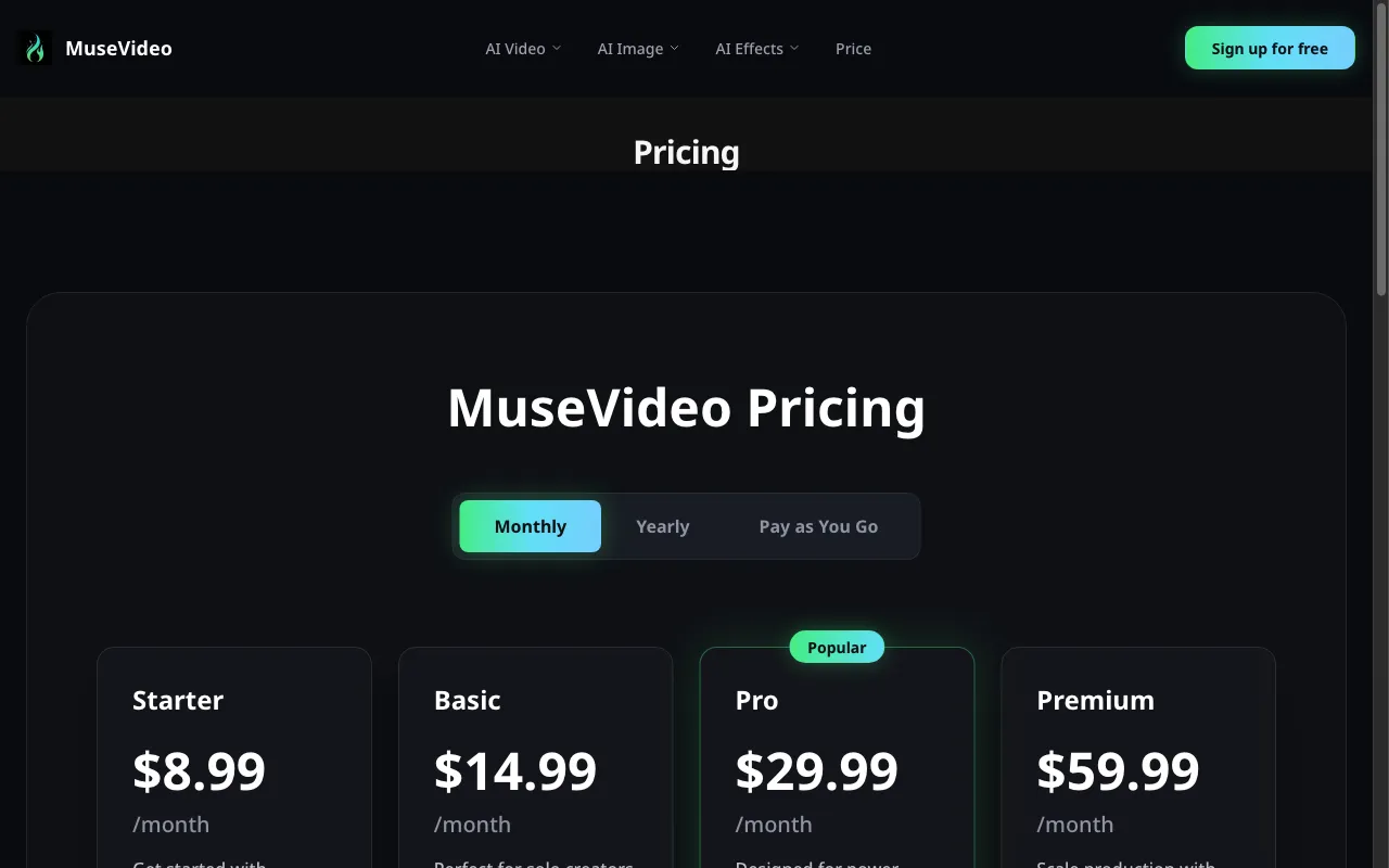 MuseVideo — pricing page
