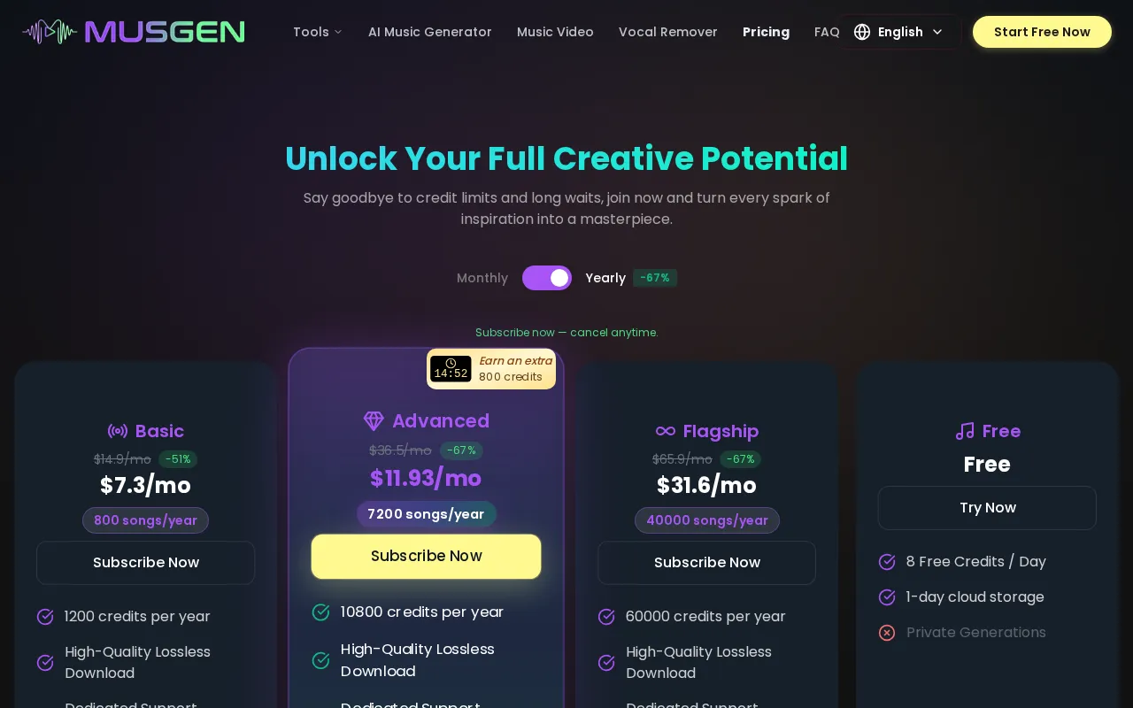 MusGen — pricing page
